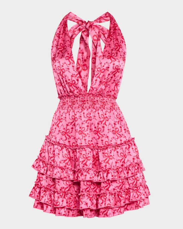 Quintelle Silk Bow-Printed Halter Mini Dress